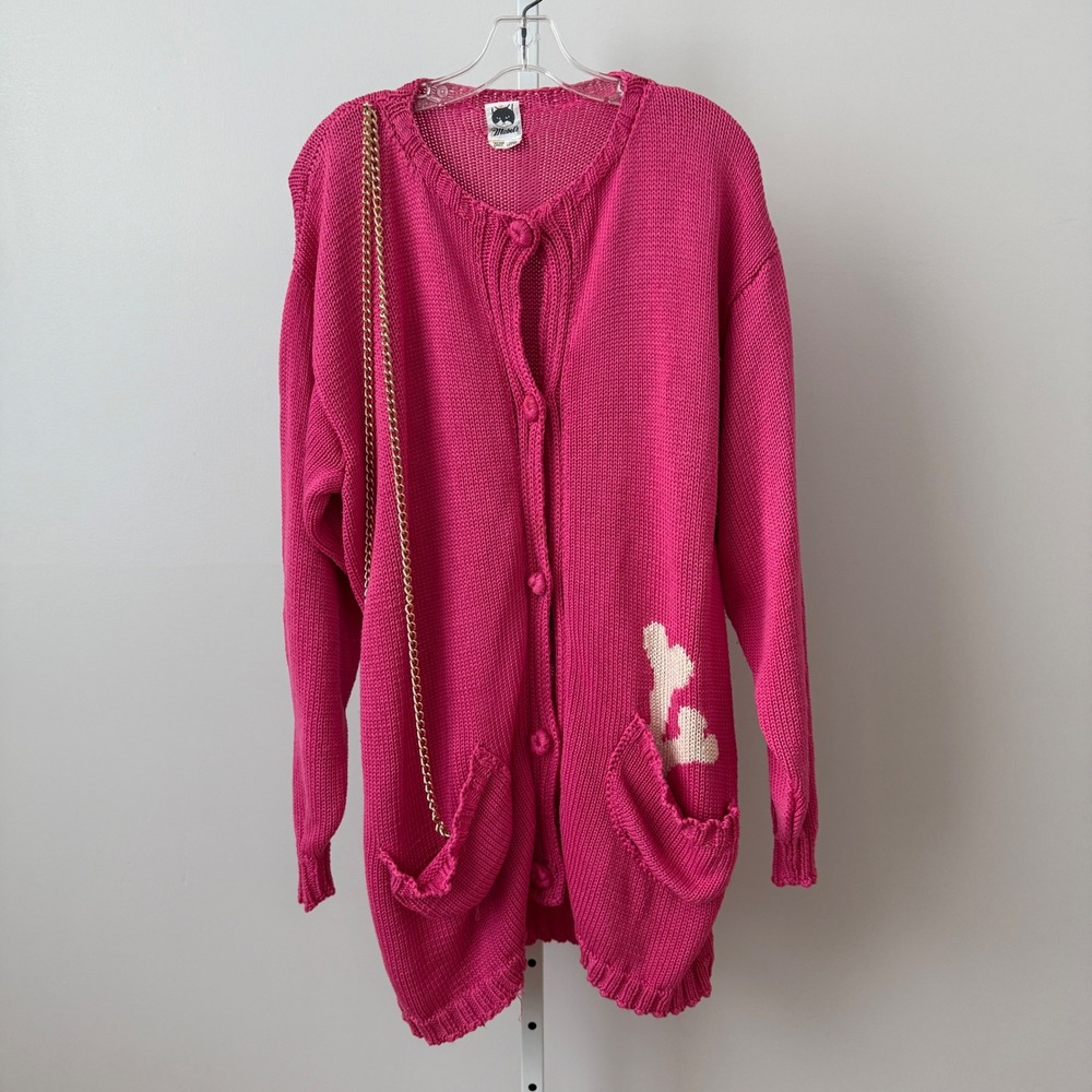 Mabel's sz S Vintage Intarsia Pink Poodle‎ Cardigan Sweater Chain Leash
